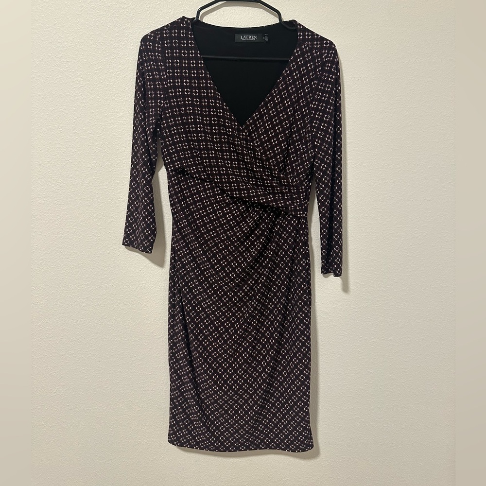 Lauren Ralph Lauren Black and Purple 3/4 Sleeve Patterned Wrap Dress